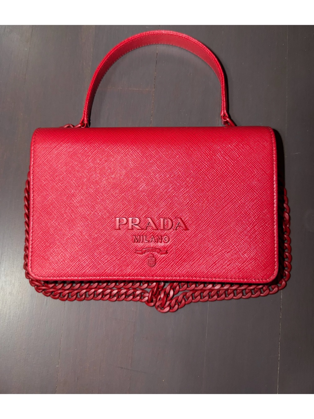 PRADA Saffiano Leather Mini Shoulder Hand Bag - Fuocco Red - With Mirror